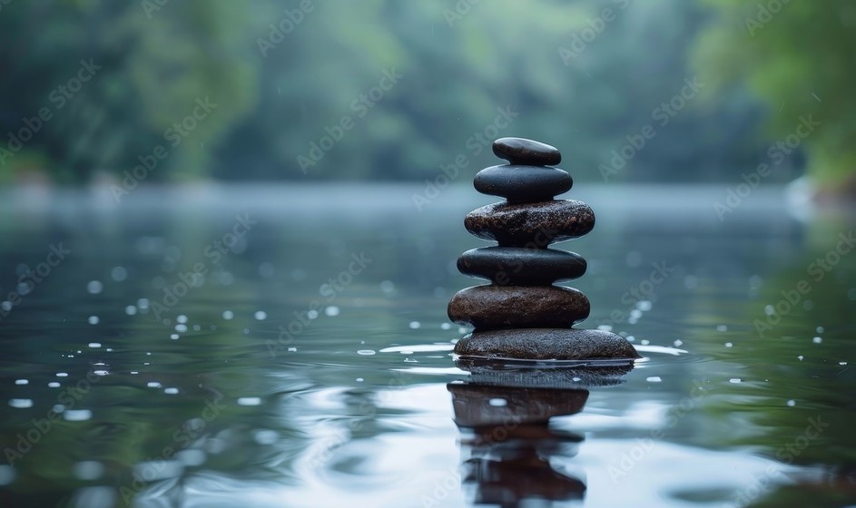Peaceful balanced stones reflected in calm water