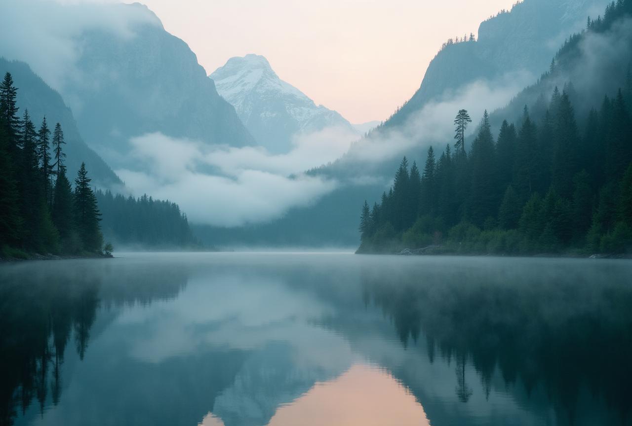 Peaceful lake reflecting evergreen trees and a soft misty morning sky