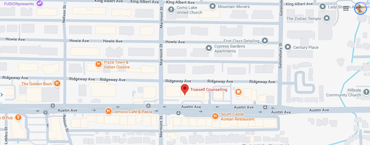 Map showing Trueself Counselling near Austin Avenue and Marmont Street in Coquitlam