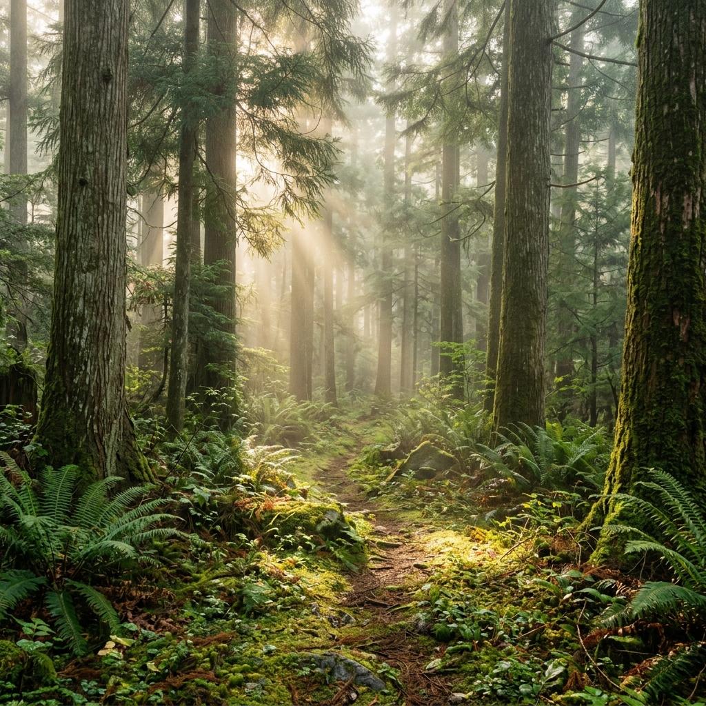 Peaceful forest pathway surrounded by green trees and ferns with sunlight filtering through